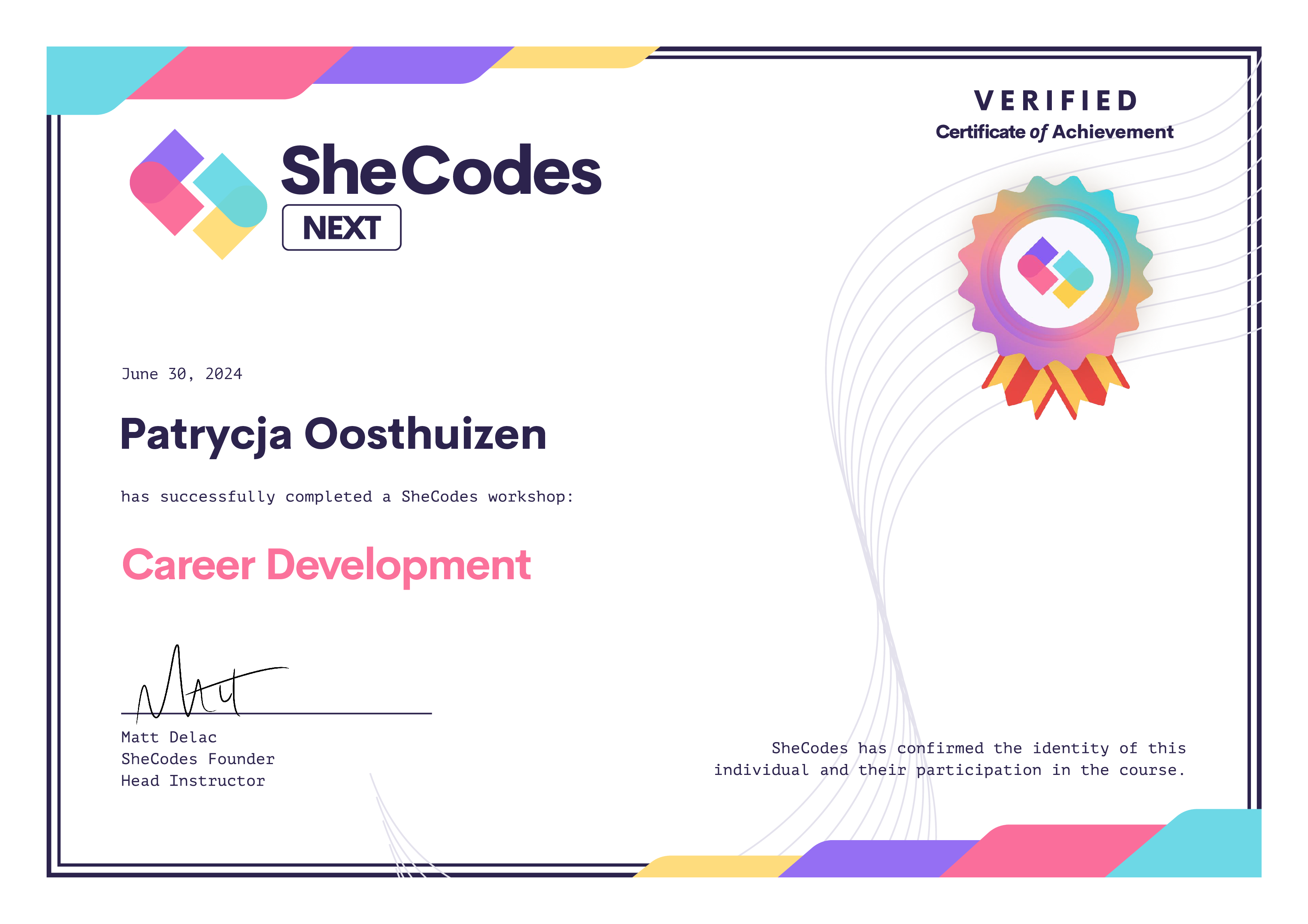 Patrycja's SheCodes Next certificate